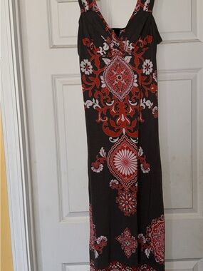 INC International Concepts Black Maxi Dress with Red and White Medallion Print